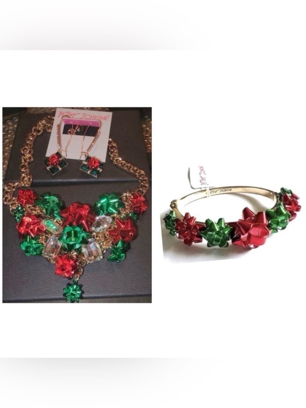 BETSEY JOHNSON SET Christmas Holiday Bows Necklace Earrings Bracelet NEW NWT